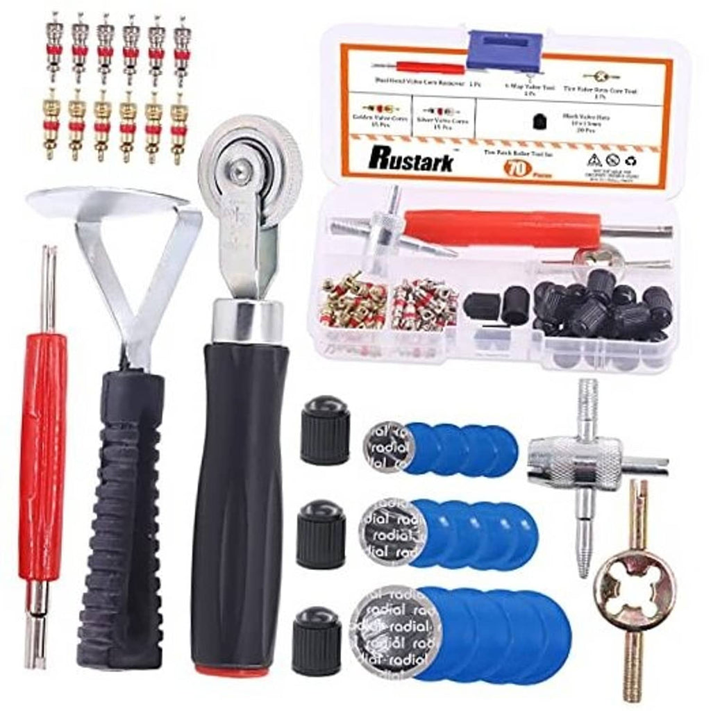 Tire valve repair tool set with scraper handle and patch roller pieces