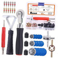 Tire valve repair tool set with scraper handle and patch roller pieces