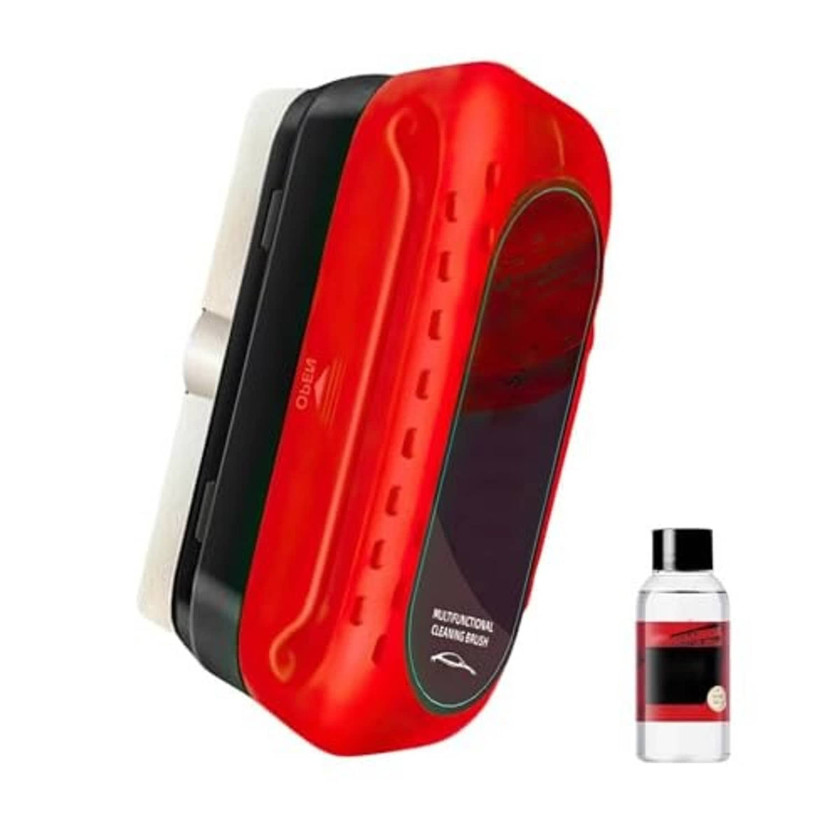 Red and black windshield/window cleaning brush with refill bottle, shown at an angle.