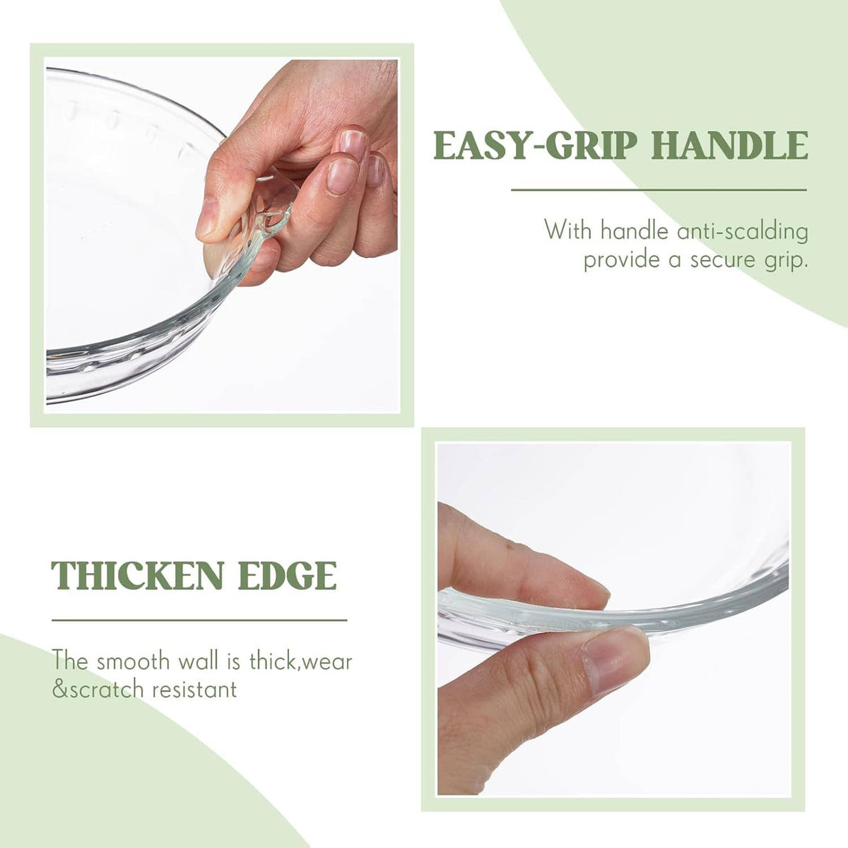 Clear glass mini pie pan with thick rim and side handle grip, close-up