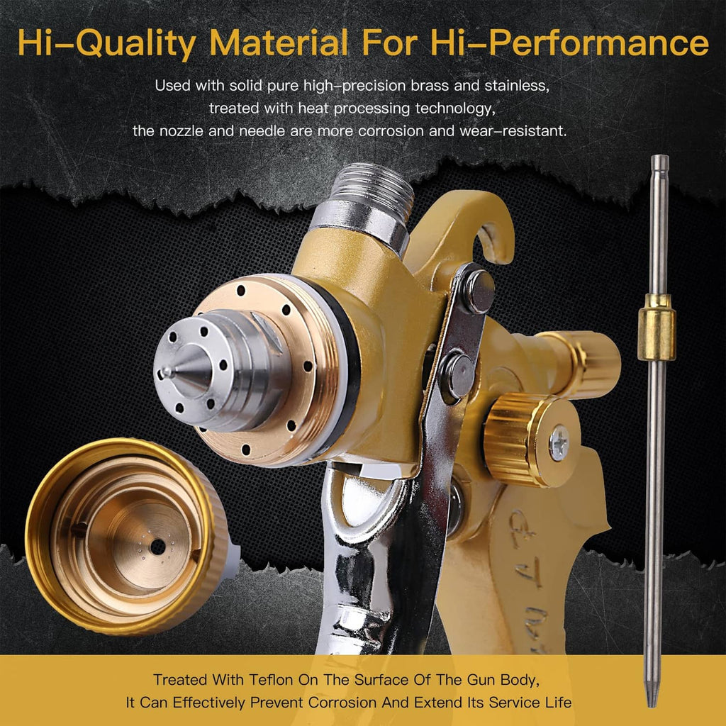 HVLP spray gun with brass-gold body, front nozzle, and metal air inlet tube
