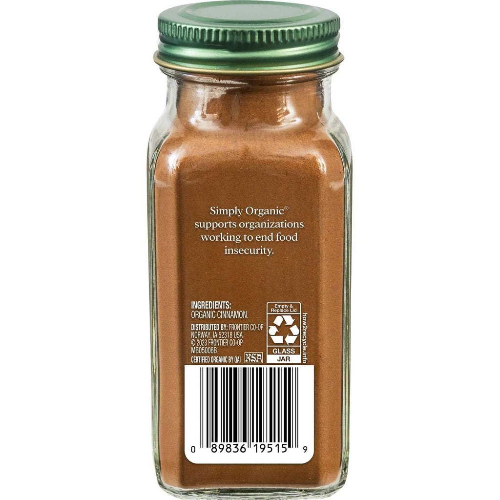 Simply Organic cinnamon jar back label with ingredients and barcode, brown ground spice