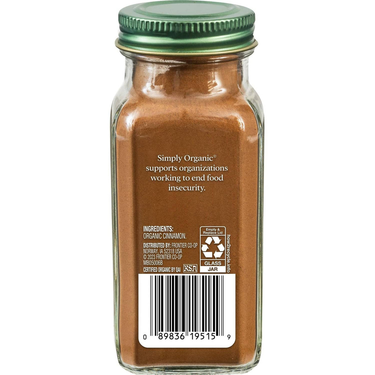Simply Organic cinnamon jar back label with ingredients and barcode, brown ground spice