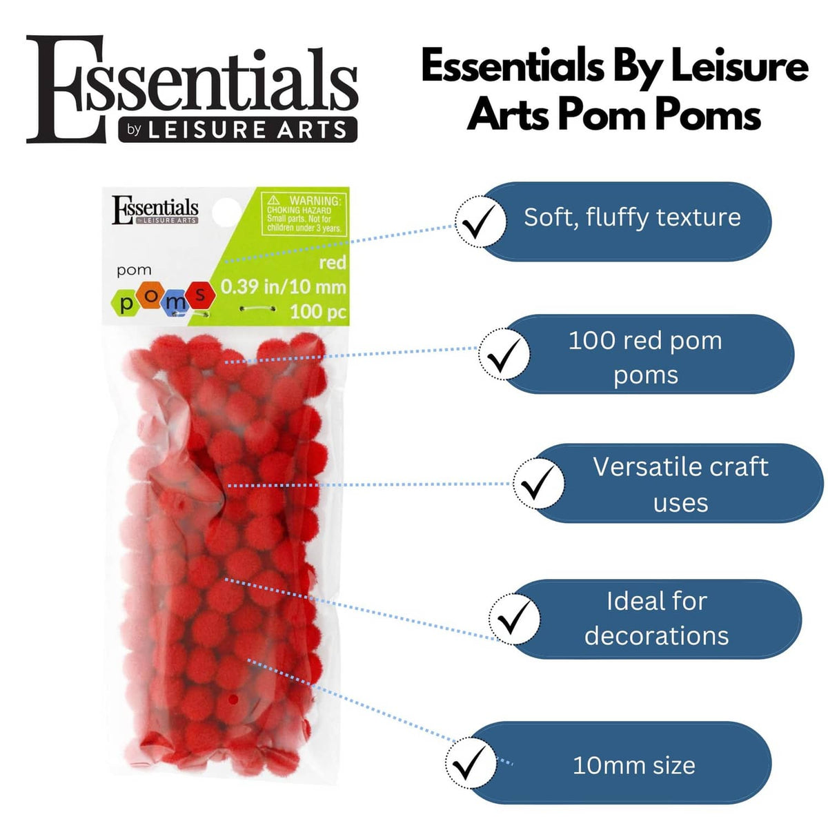 Red 10mm pom poms in clear package, 100 pieces for craft projects