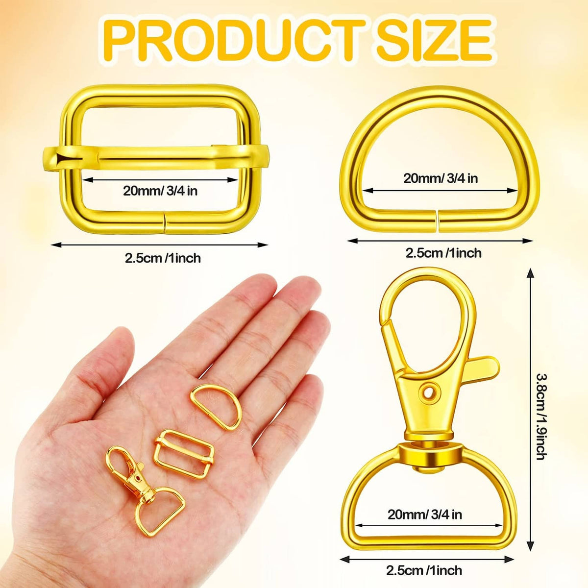 Gold D-ring purse hardware, size diagram with 20 mm ring and 38 mm overall