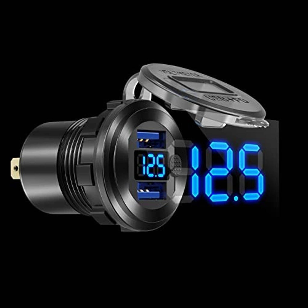 Car USB QC 3.0 charger socket with blue LED readout and illuminated dual ports