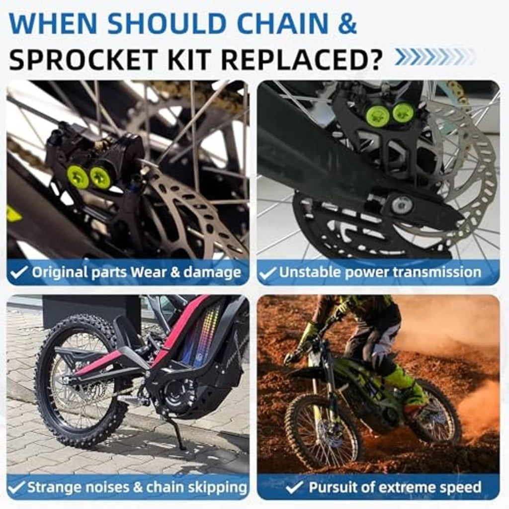 Sprocket kit components shown: roller chain, large rear sprocket plate, and front gear