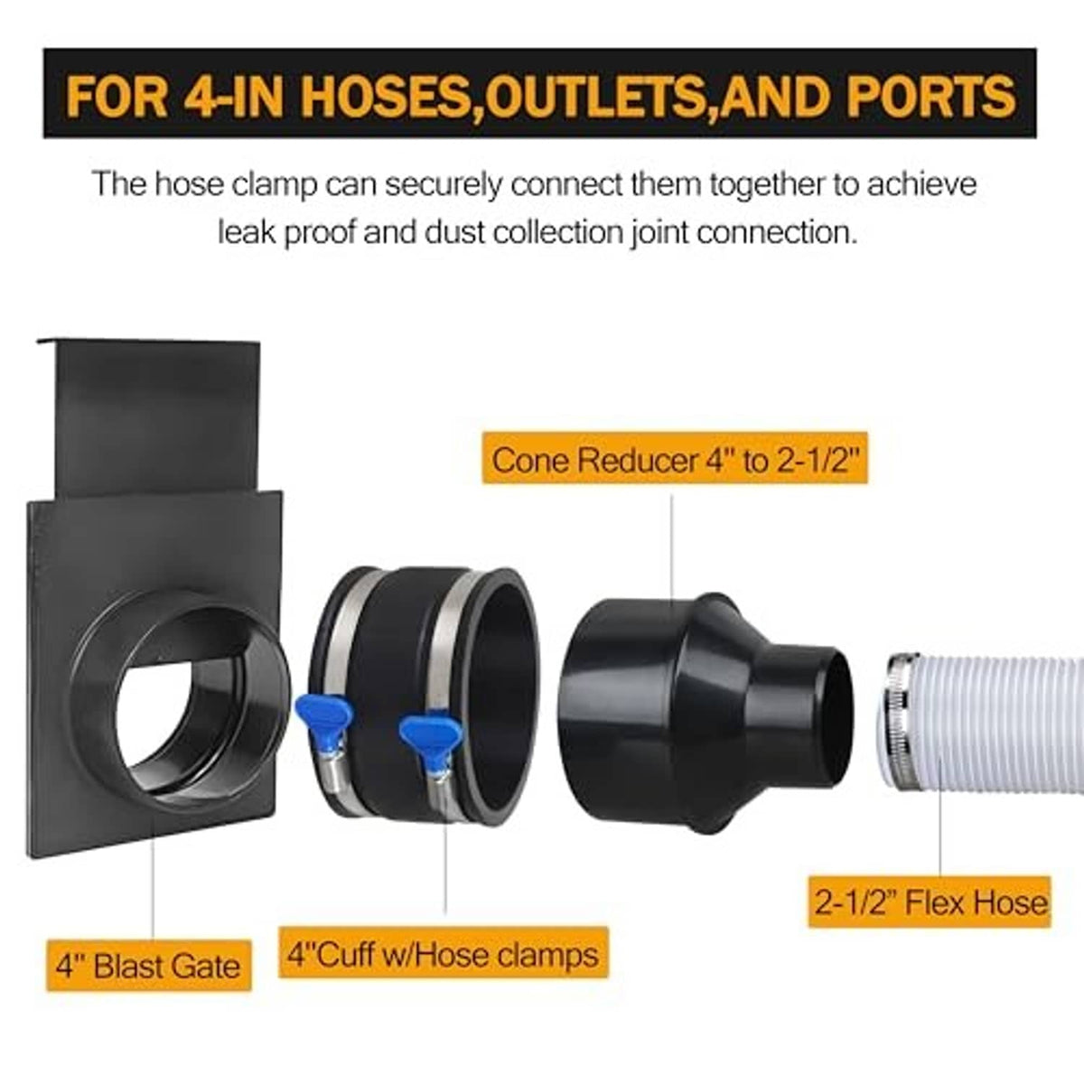 Black dust hose clamp coupler with blue lever stainless band and cone reducer