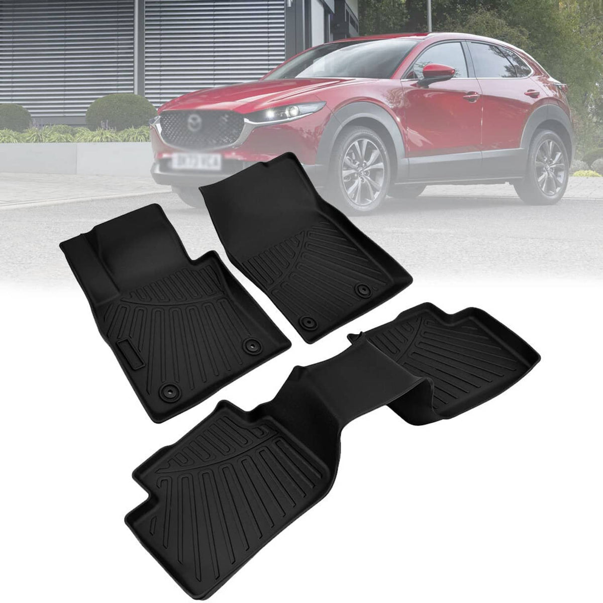 Black TPE 3-piece 3D car floor mats set with raised ridges and grommets