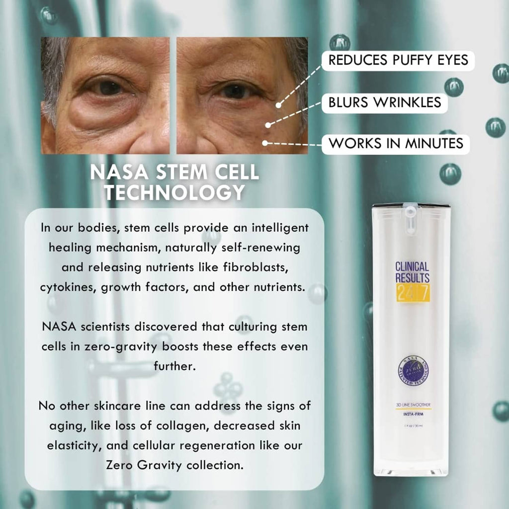 Skincare product bottle with callouts: reduces puffiness, blurs wrinkles, works fast