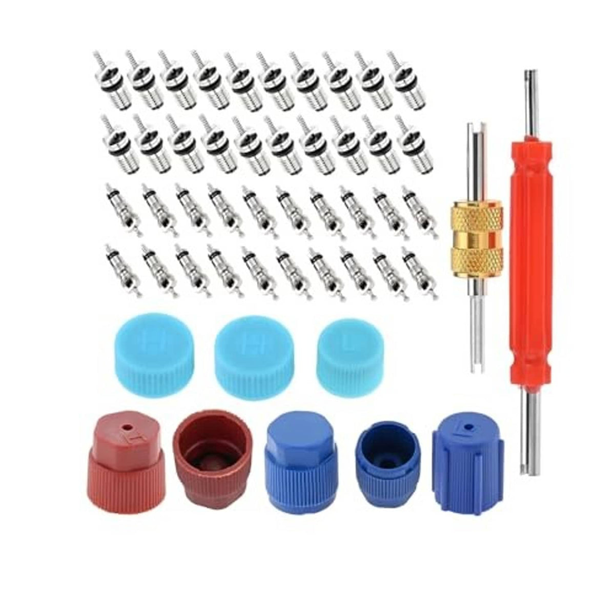 AC valve core kit with chrome valve cores, blue caps, and red-capped tool