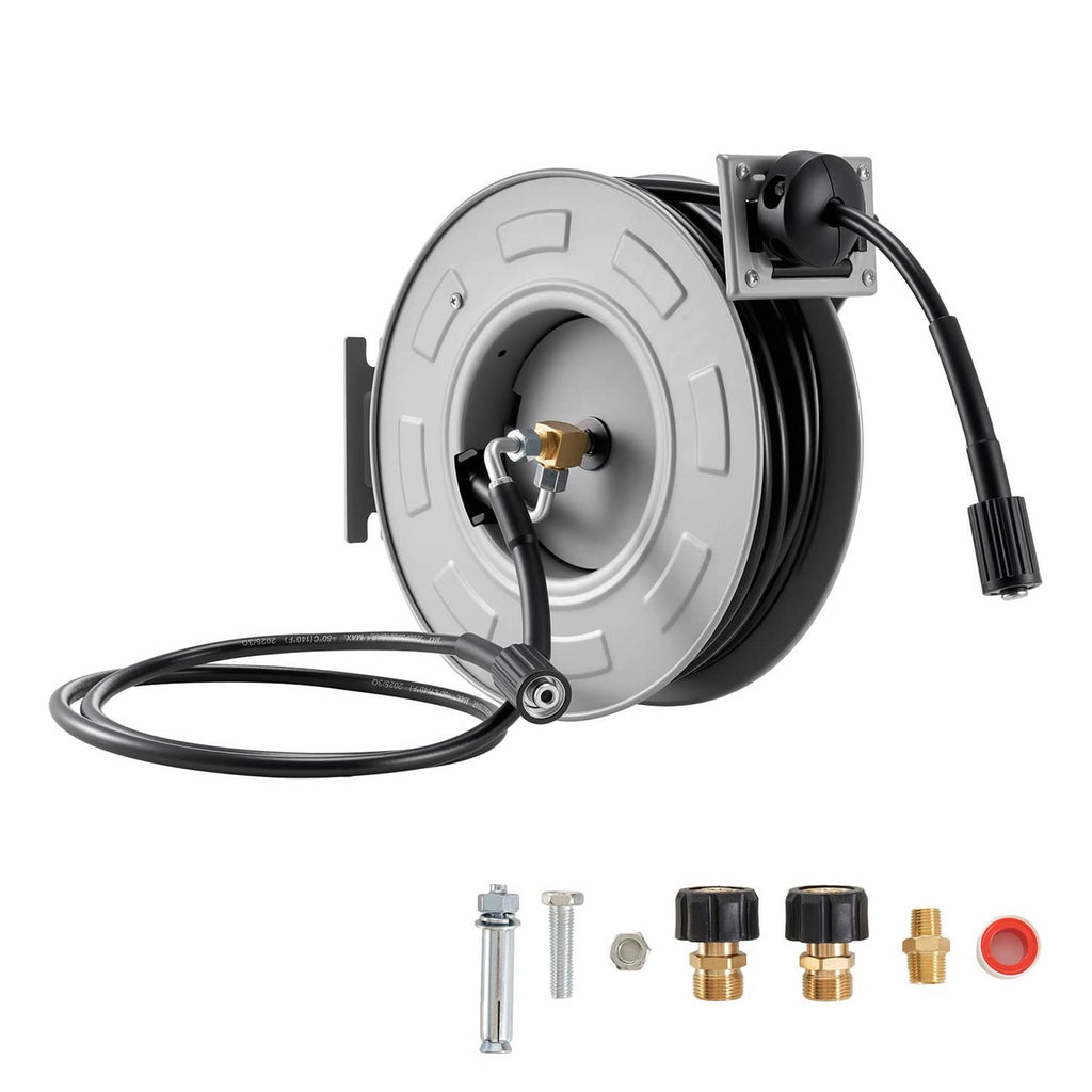 Retractable pressure washer hose reel with auto-rewind drum and black hose