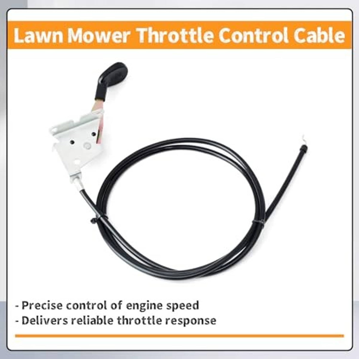Lawn mower throttle control cable with black cable and silver lever bracket