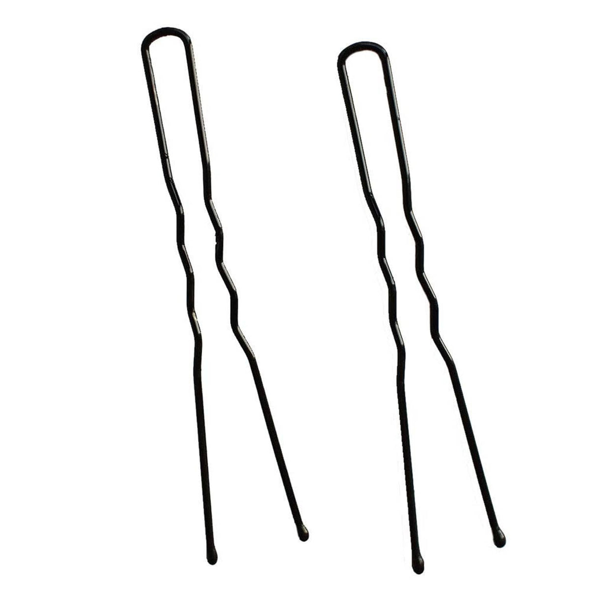 Pair of black U-shaped hair pins with curved tips and long prongs