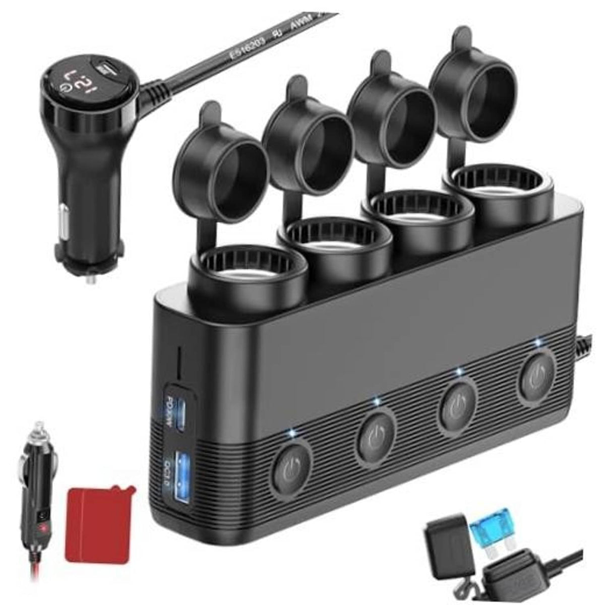 Car cigarette lighter splitter with four dark round charging sockets and indicator lights