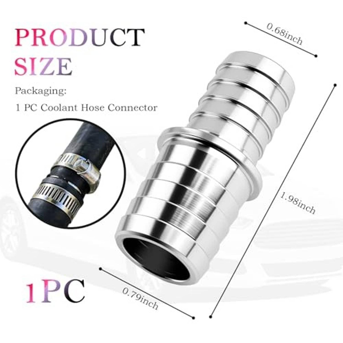 Silver aluminum radiator hose adapter with barbed ends and flared connector port