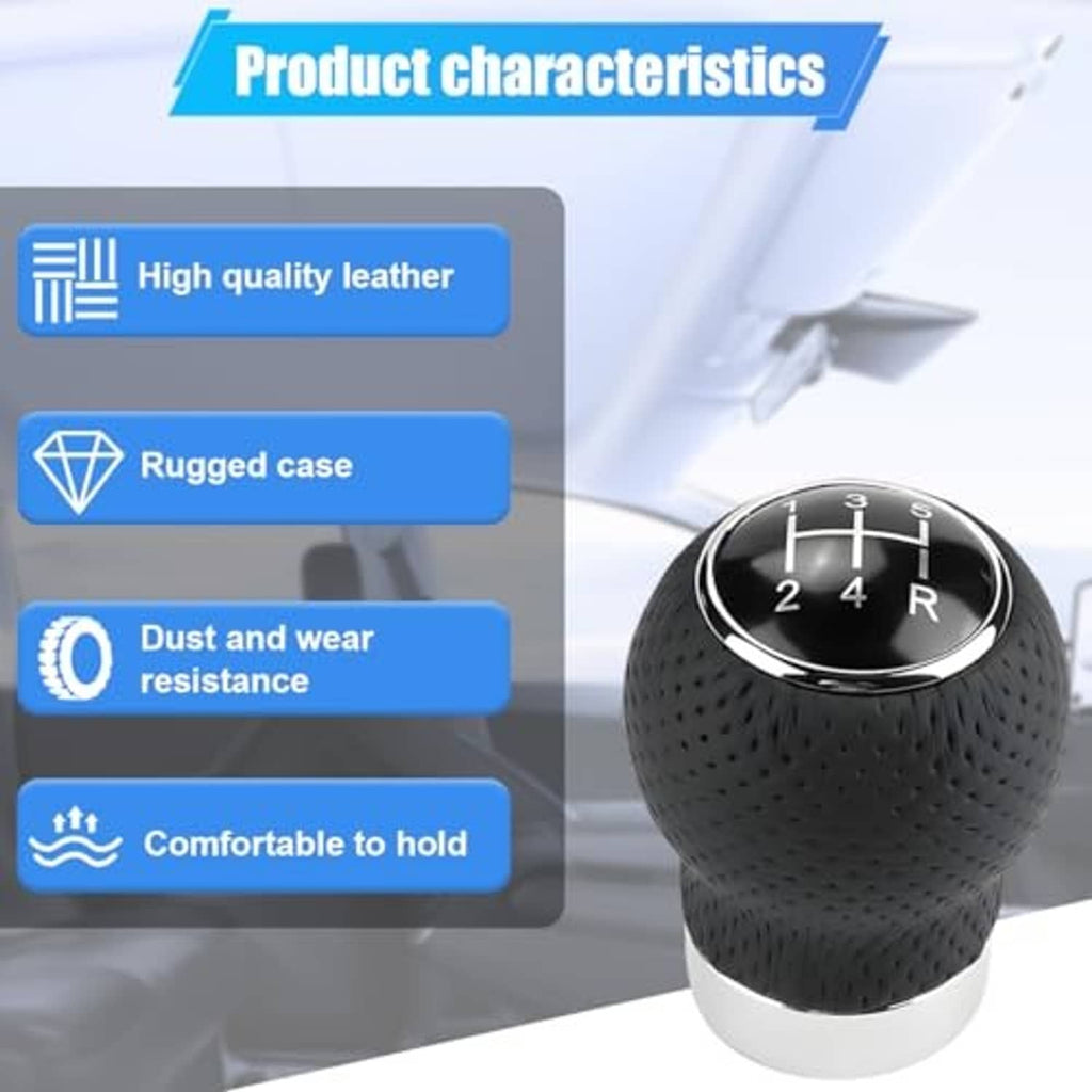 Perforated black leather 5-speed shift knob with chrome gear dial, rounded head