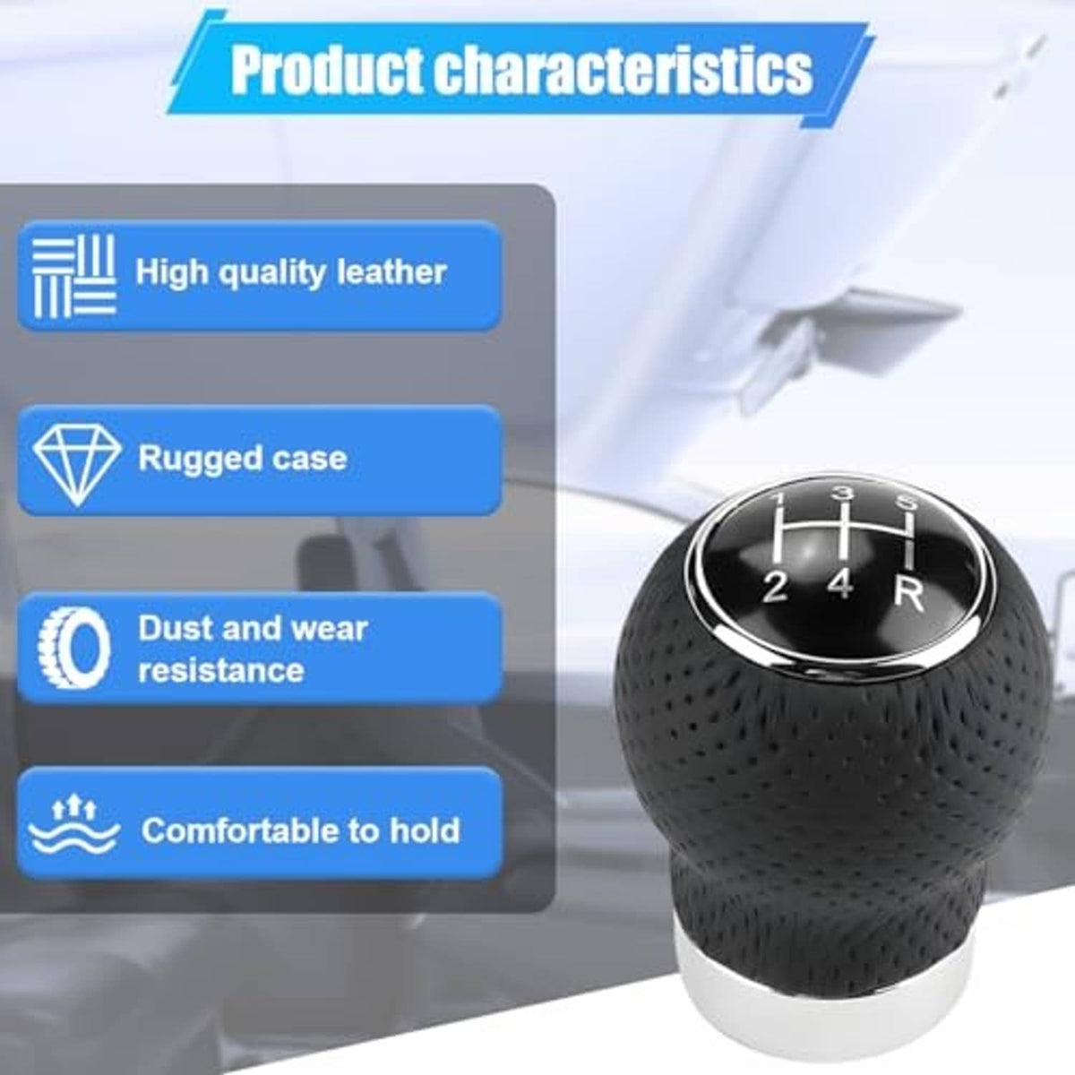 Perforated black leather 5-speed shift knob with chrome gear dial, rounded head