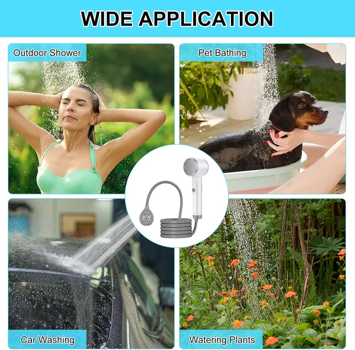 Outdoor shower system with handheld head, coiled silicone hose, and wide spray stream