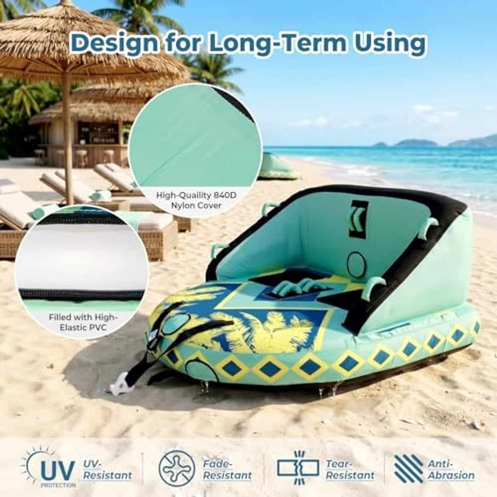 Green inflatable towable boat tube with black trim and patterned center seating area