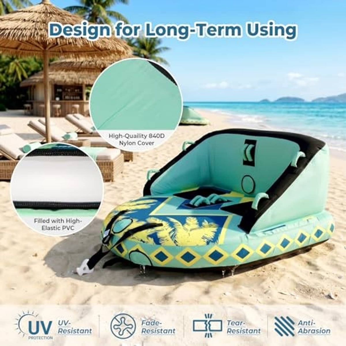 Green inflatable towable boat tube with black trim and patterned center seating area