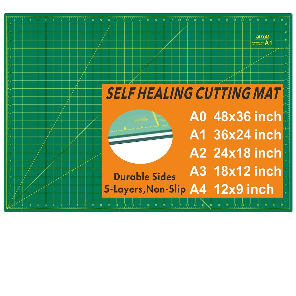 Green self-healing cutting mat with grid lines and corner measurement markers