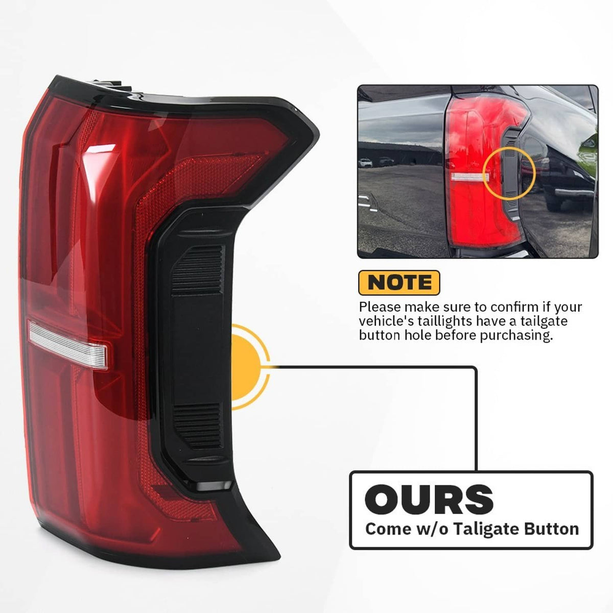 Close-up LED rear tail light with red lens and black housing, w/o tailgate button
