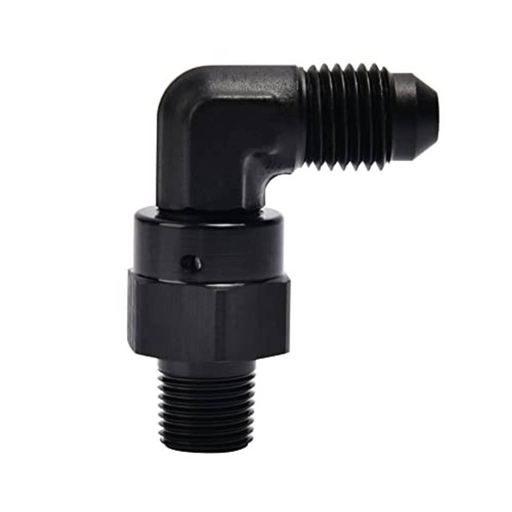 90-degree swivel AN-to-NPT adapter fitting with black finish and threaded ends