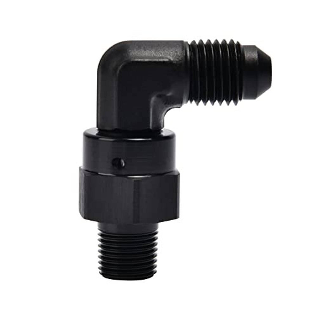 90-degree swivel AN-to-NPT adapter fitting with black finish and threaded ends