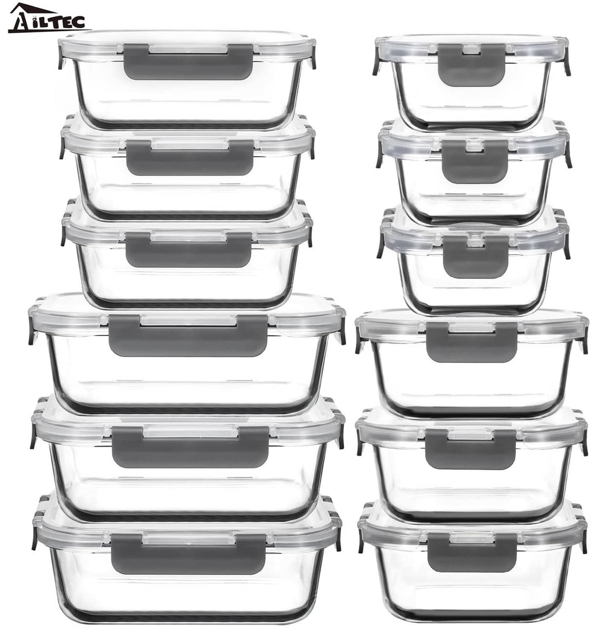 Glass food storage containers set, clear with gray snap-top lids, stacked