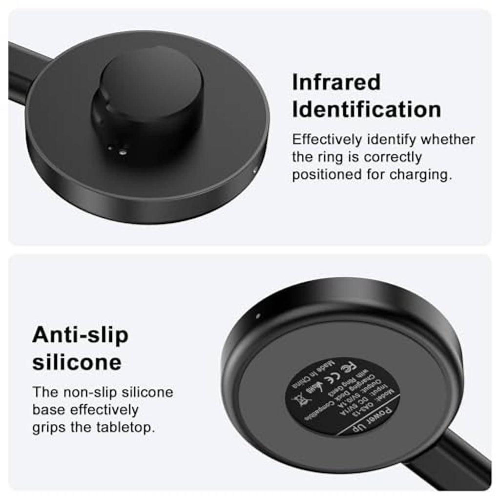 Black charging dock with anti-slip silicone base and central ring cradle