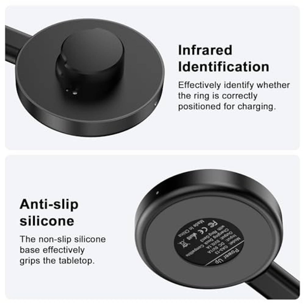 Black charging dock with anti-slip silicone base and central ring cradle