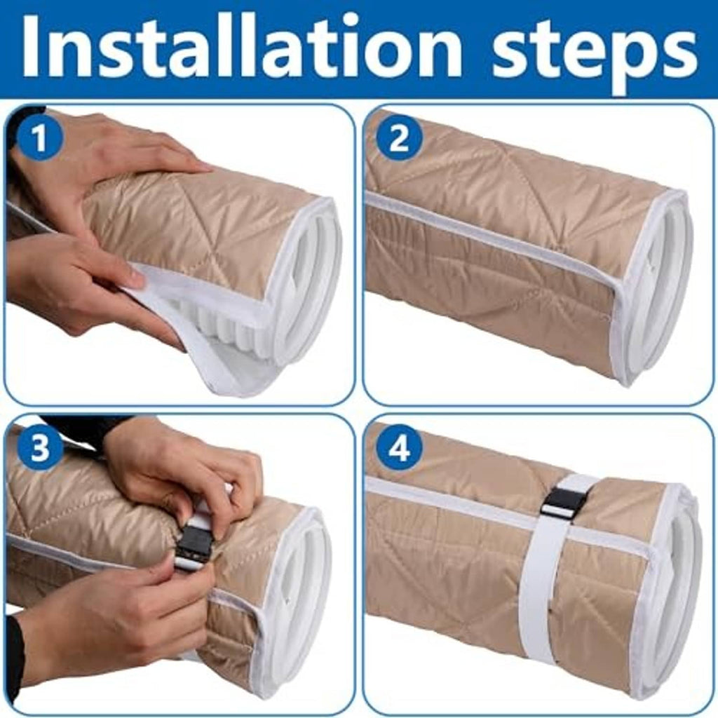 Beige quilted hose cover installation shown with strap and elastic bands, insulated wrap