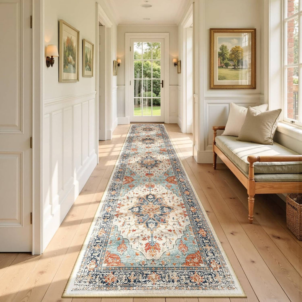 Beige, blue, and orange washable runner rug with ornate floral medallion pattern.