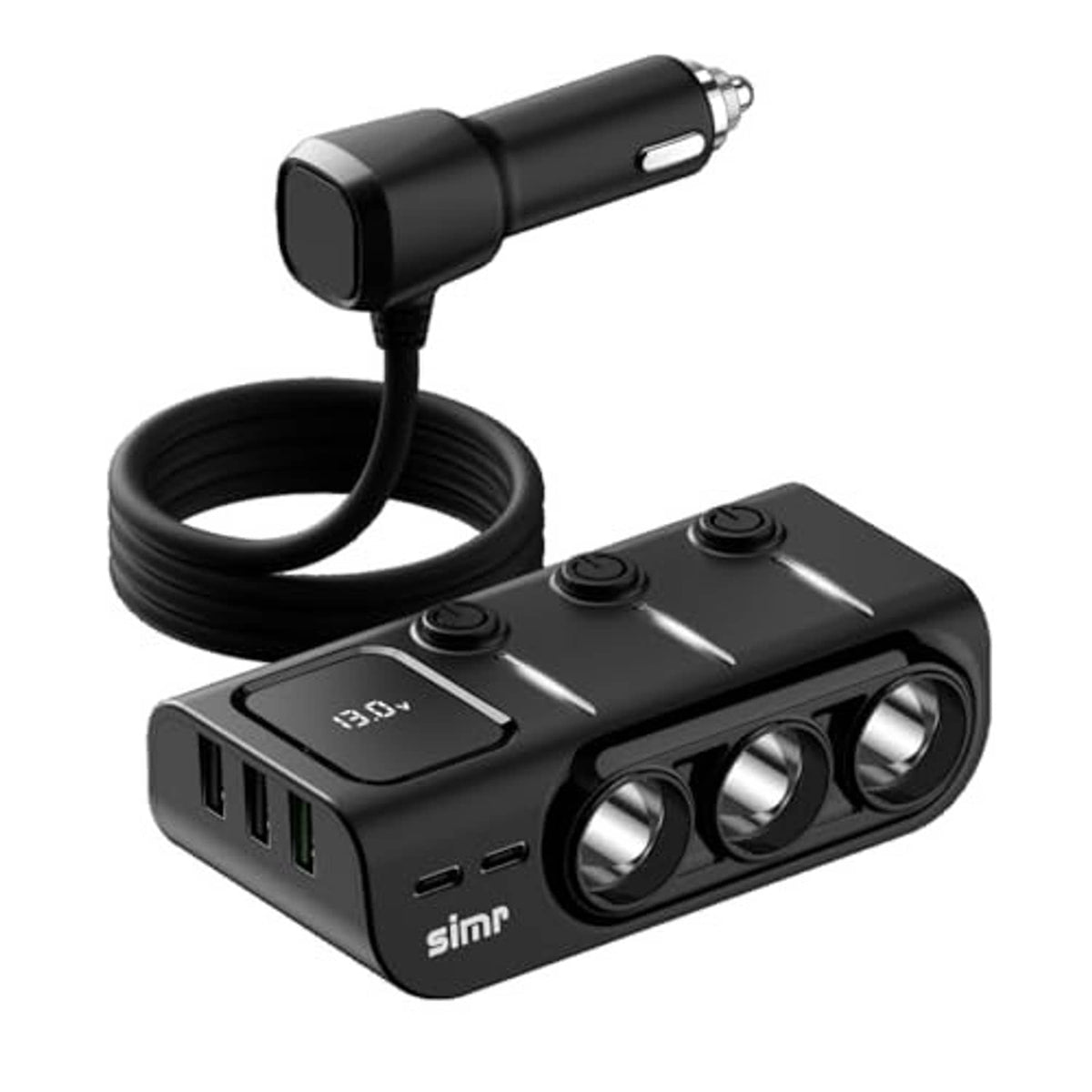 Black car splitter charger with 3 sockets, attached cable and lighter plug