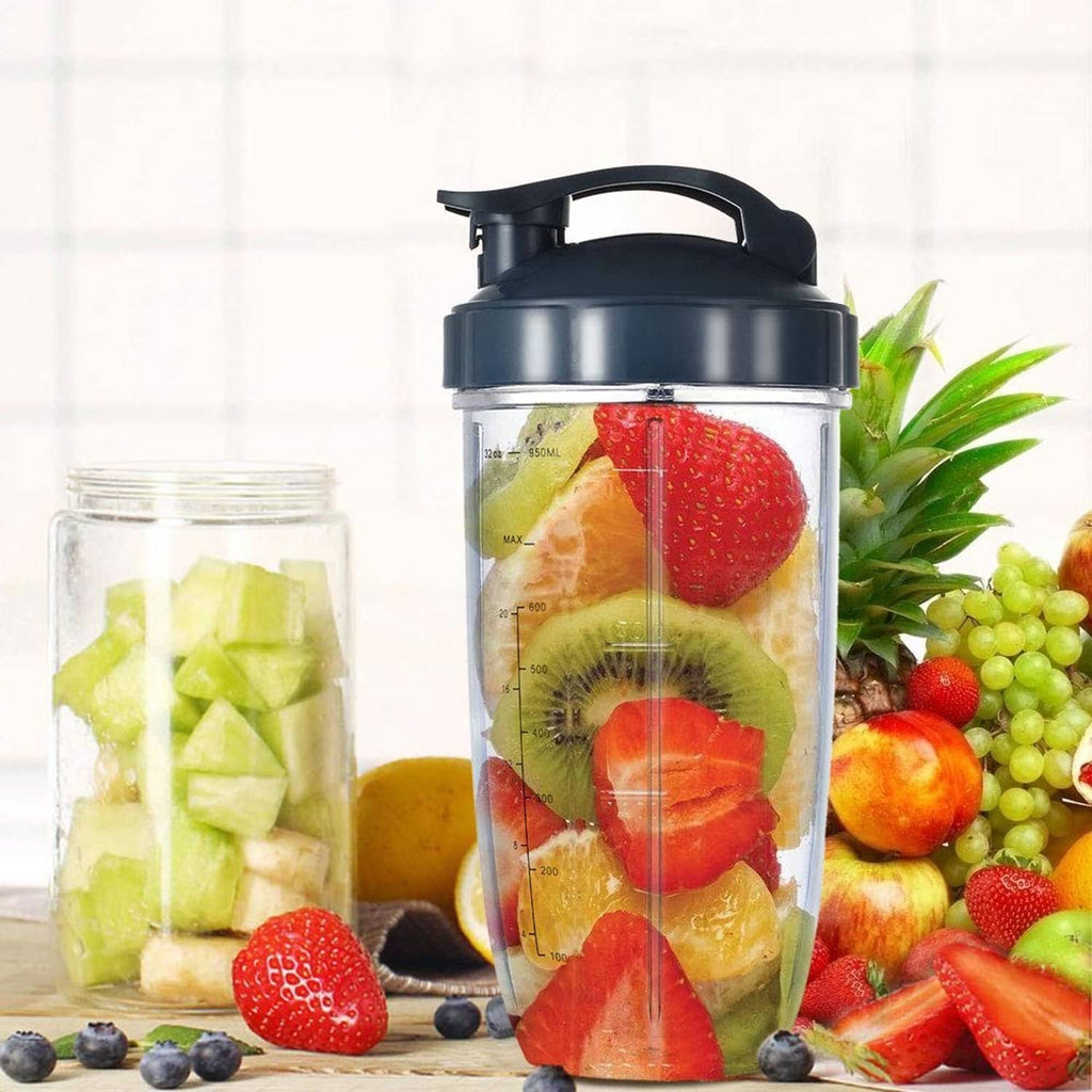 Clear replacement cup with black lid filled with sliced fruit and beverage pieces