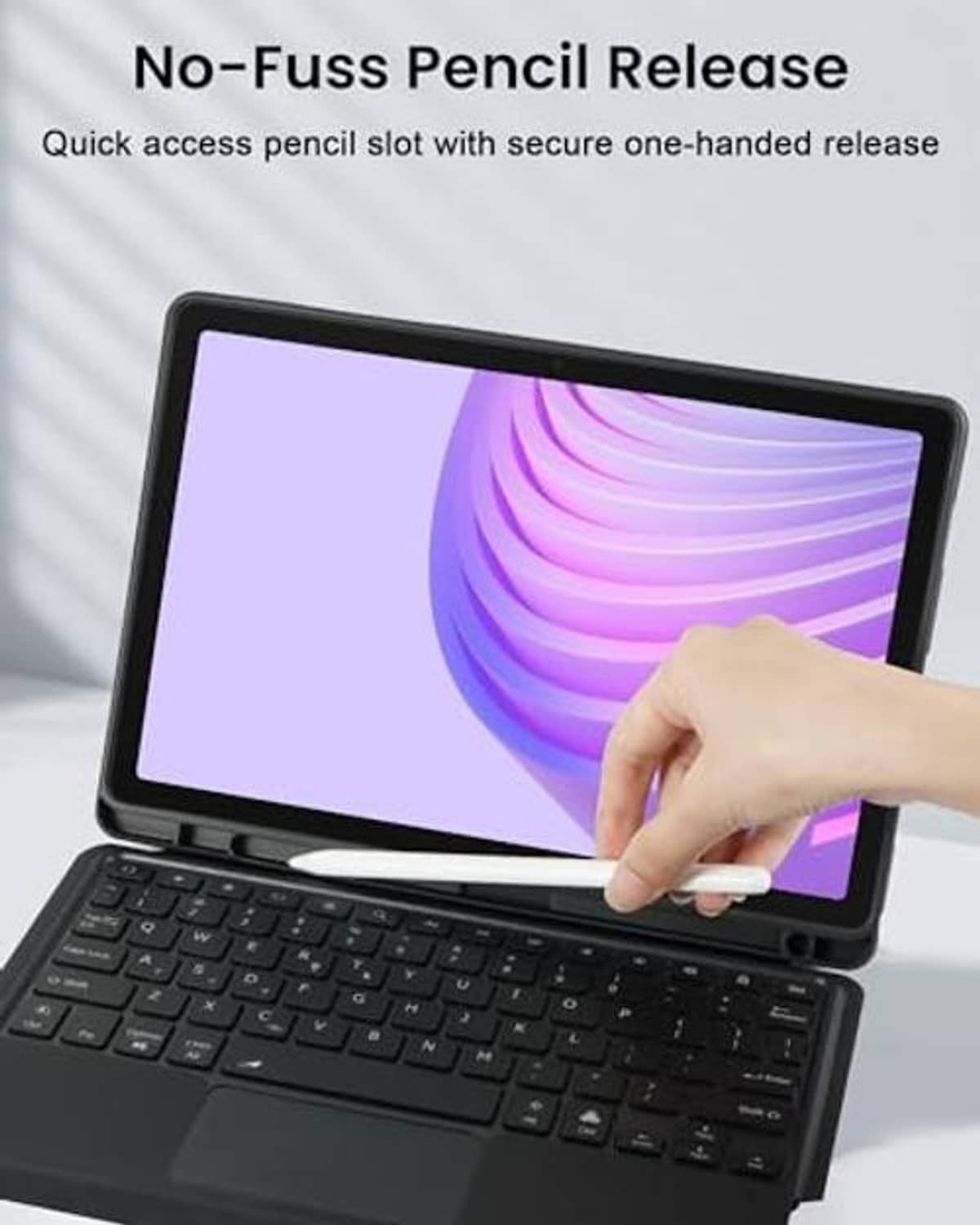 Smart trackpad keyboard case with quick-release slot holding a stylus
