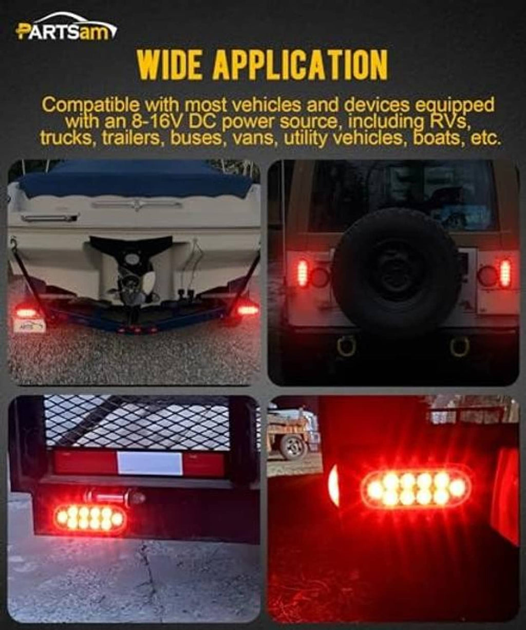 Oval red LED trailer tail lights illuminated for trailer and vehicle rear use