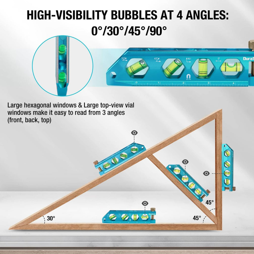 DURATECH torpedo level with high-visibility vials in angled layout for reading levels