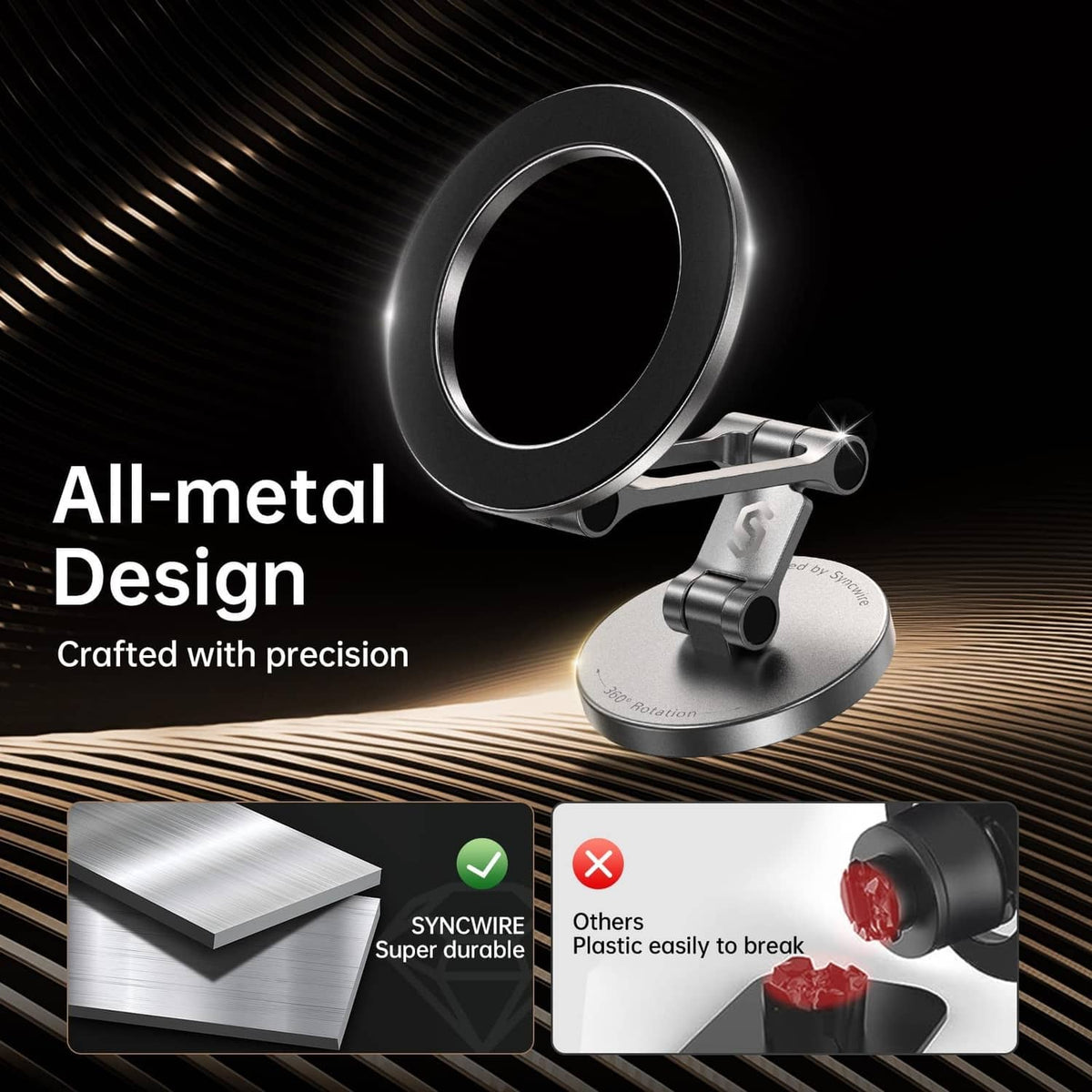 All-metal magnetic car phone mount with circular halo ring and foldable silver stand