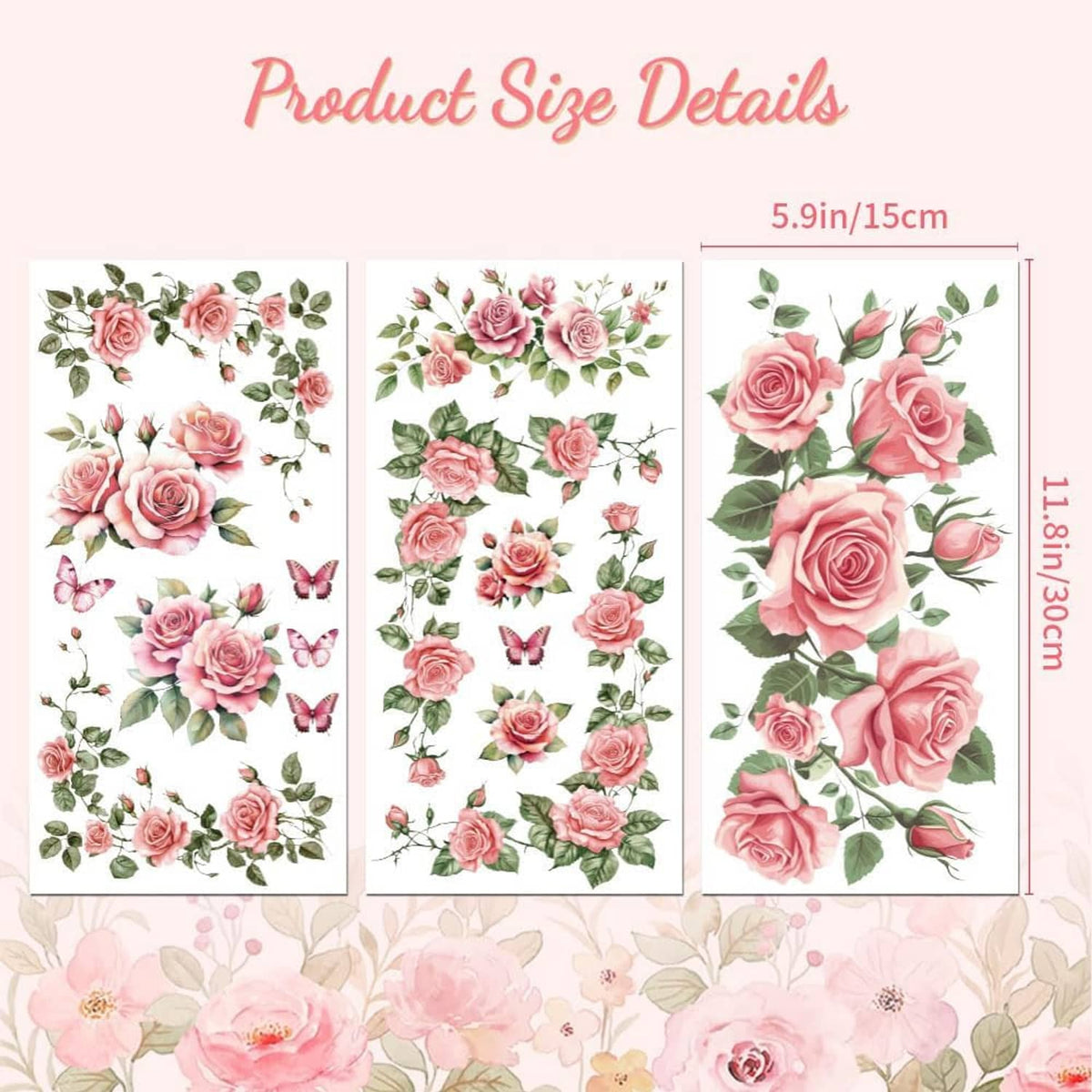 Three pink rose and butterfly transfer sticker sheets with green leaves and vines