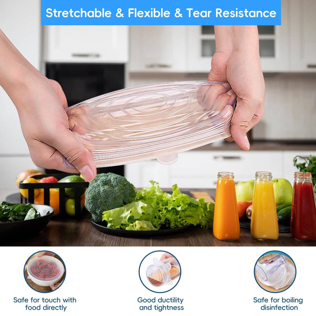 Set of 12 silicone stretch food storage lids, clear translucent, flexible seal covers