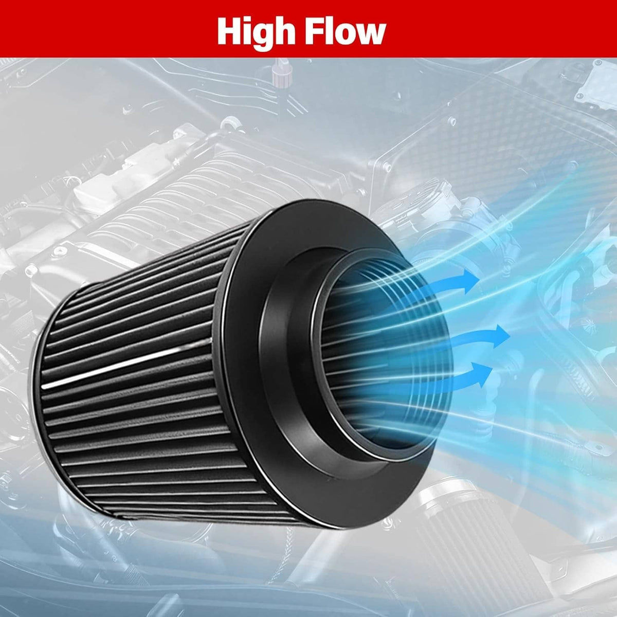 Black high-flow reusable air filter with pleated filter element