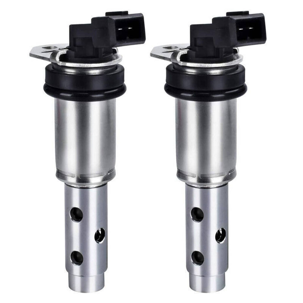 Pair of variable timing solenoid valves with silver housings and black electrical caps