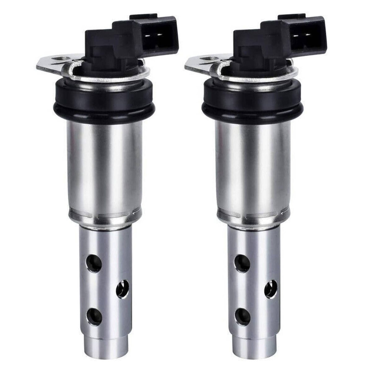 Pair of variable timing solenoid valves with silver housings and black electrical caps