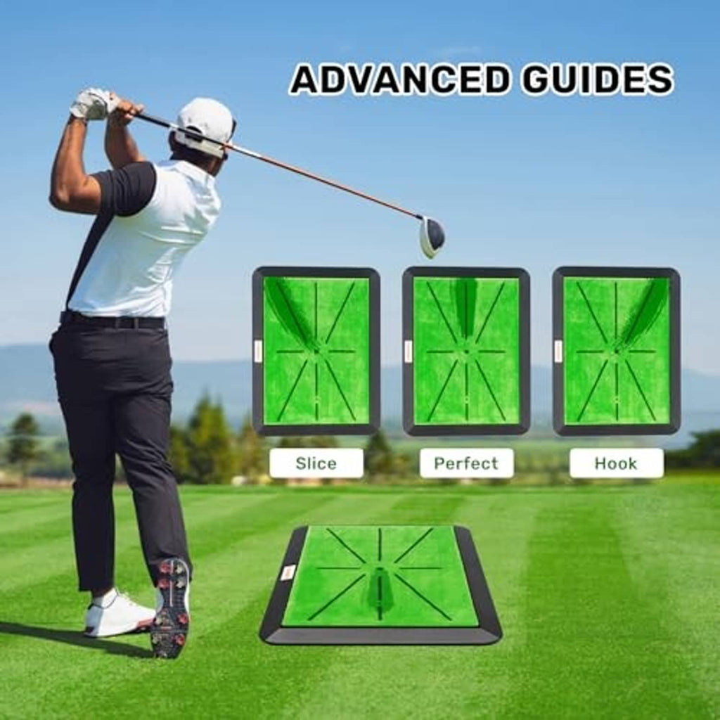 Golf practice mat set with three green aiming targets on black bases