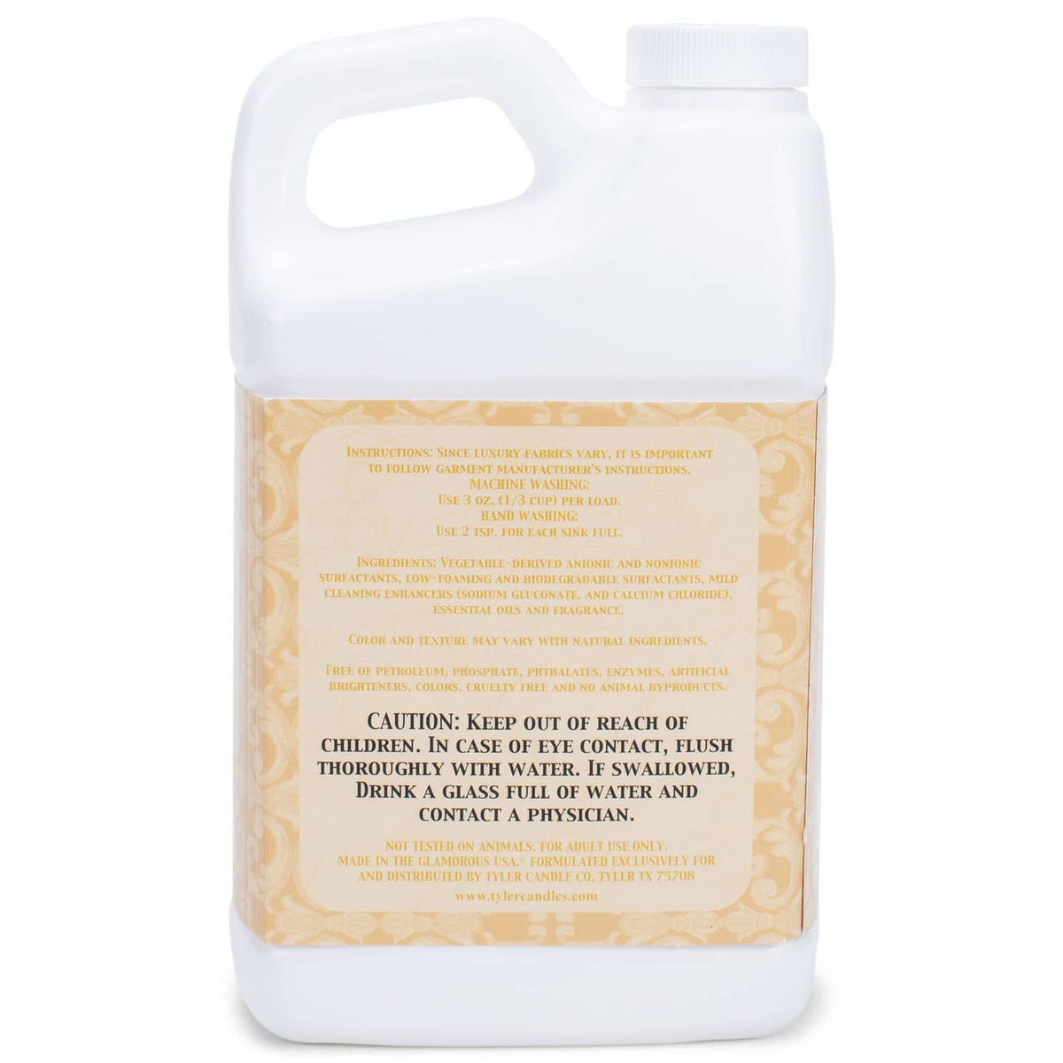 Laundry detergent bottle, back label with safety warning text