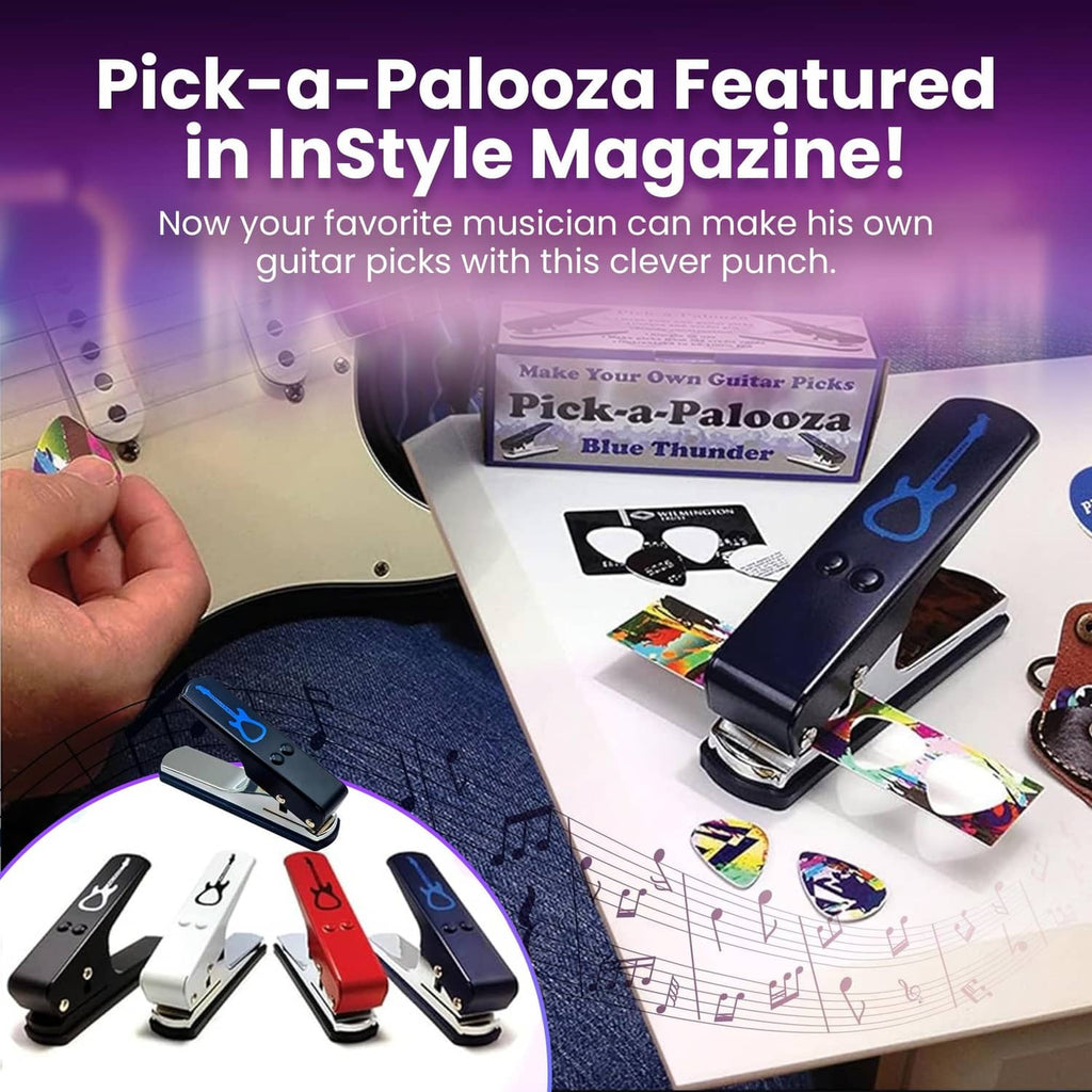 Blue guitar pick punch with retail box and colorful sample picks