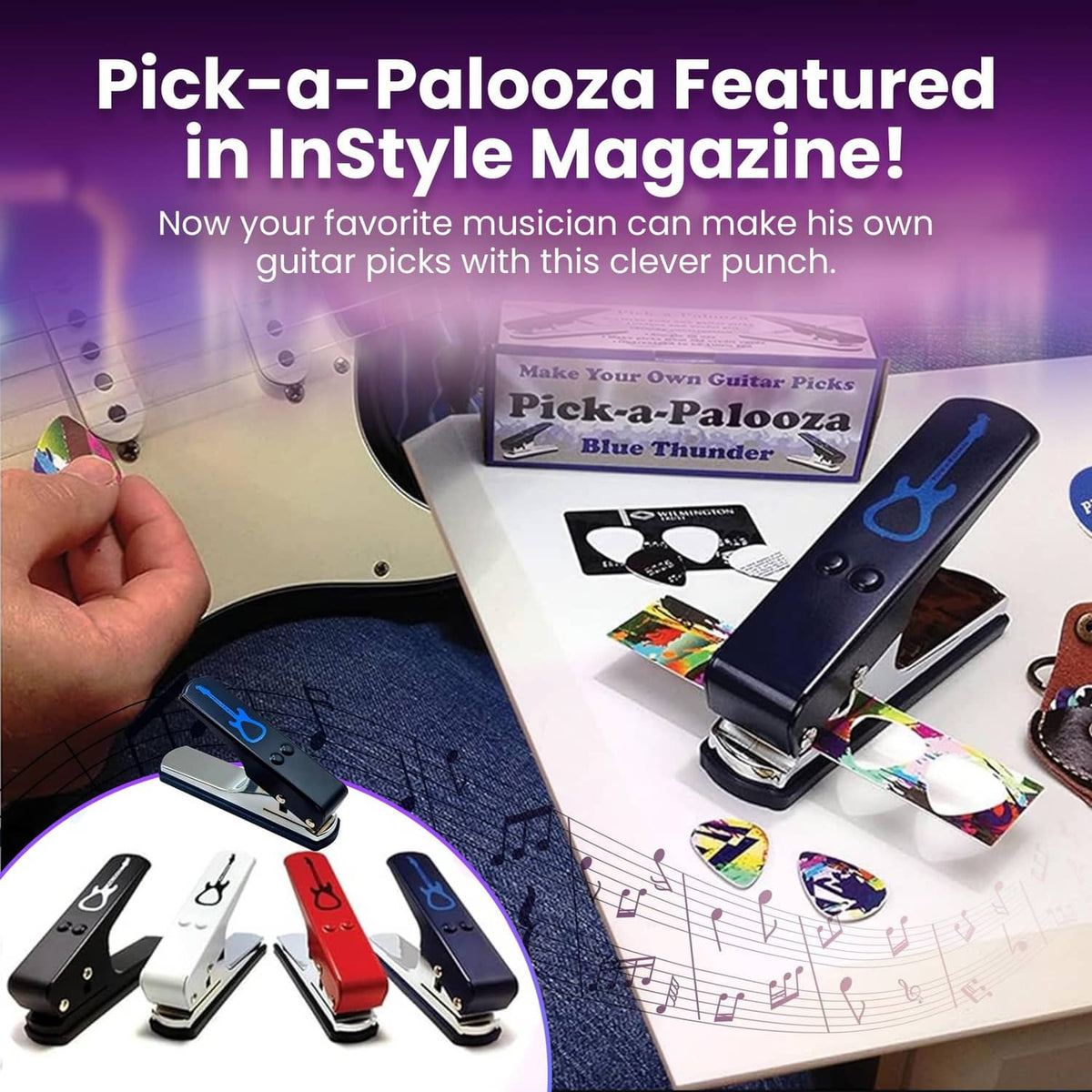 Blue guitar pick punch with retail box and colorful sample picks