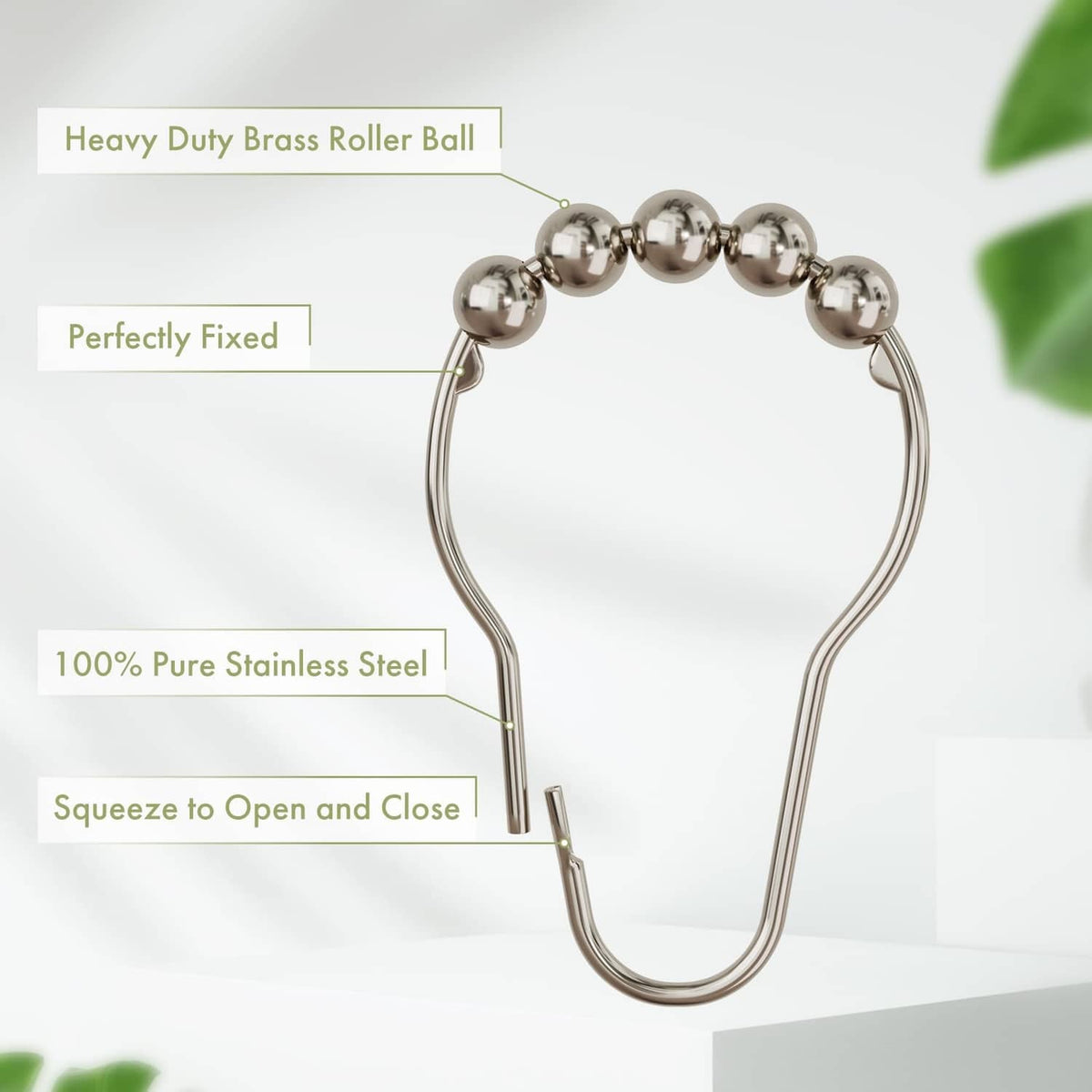 Polished nickel shower curtain hook with bead row and hinged opening for clipping